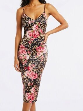 BEBE Satin Pink Floral Leopard Midi Dress w Black Leather Spaghetti Straps